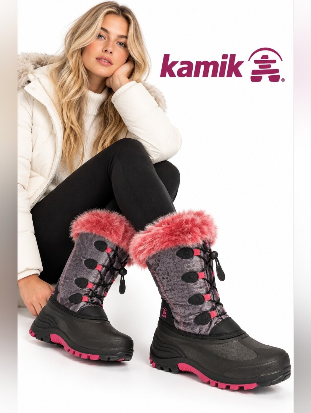 Kamik Women’s Winter Snow Boots Black Gray Pink Faux Fur Size 6